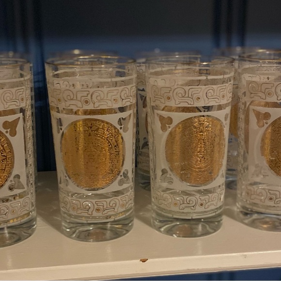 mid century modern Hazel Atlas Frosted and Gilded Aztec Tumbler Cocktail Glasses - Picture 4 of 6